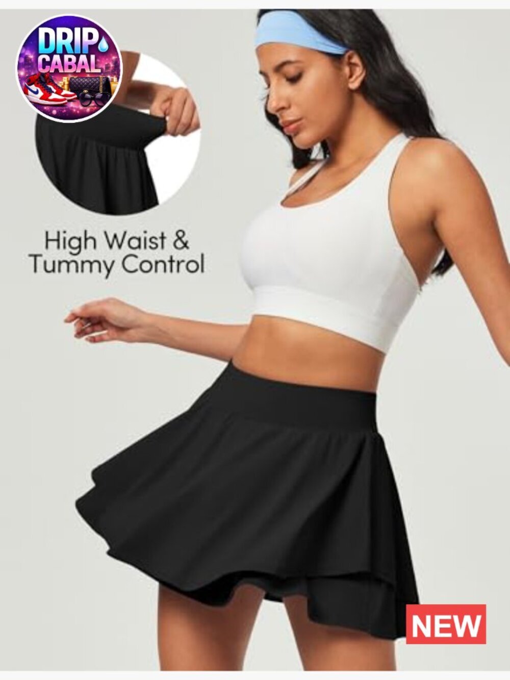 Pleated Tennis Skort with Pockets Double Ruffle Athletic Skirt Tummy Control - Picture 5 of 7